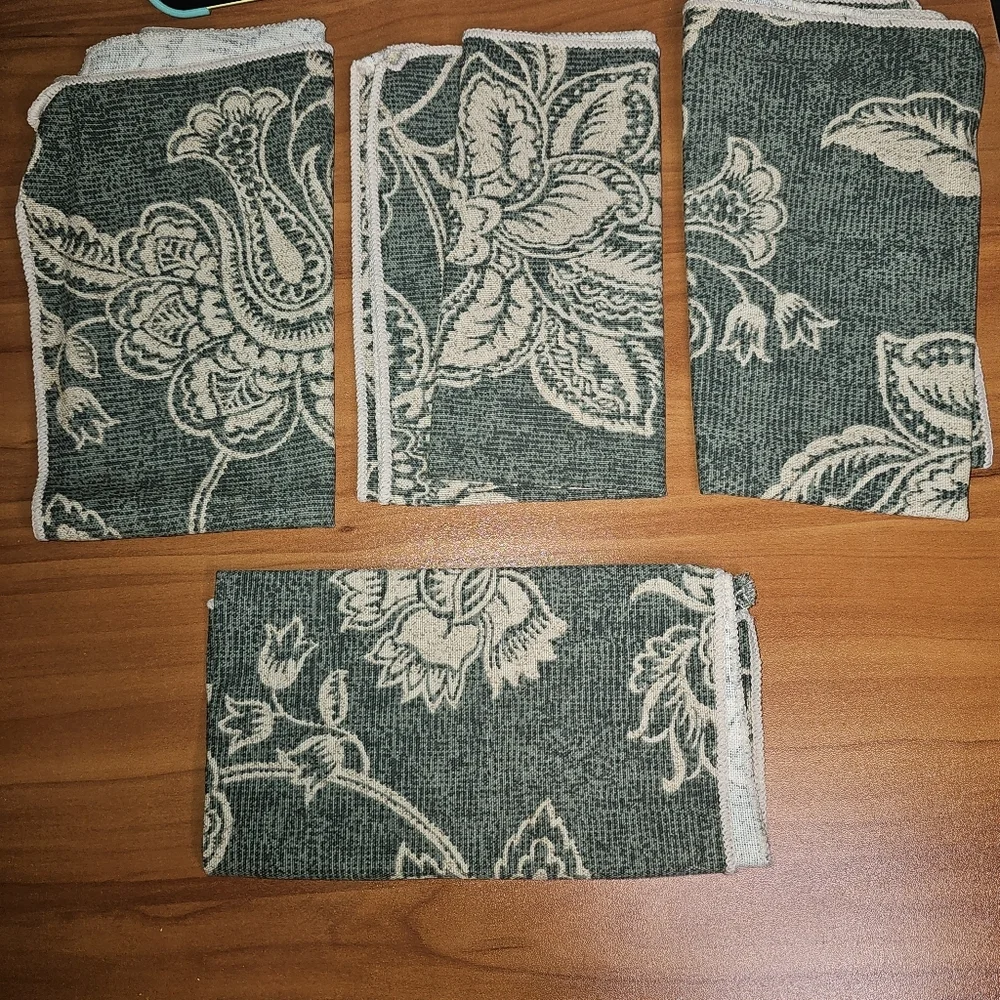 Vintage Damask Fabric Napkins Set of 4 | Green Ivory Floral | 15